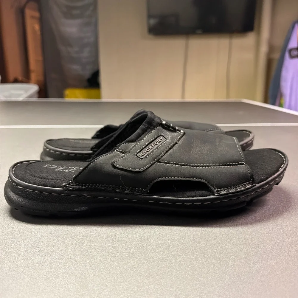 Rockport Darwyn Slide Black Leather Mens Sandals truTECH CI5687 Size 9.5 W